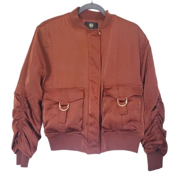 NWT House of Harlow 1960 satin ruched copper brown bomber jacket size L HOLIDAY - Picture 4 of 12